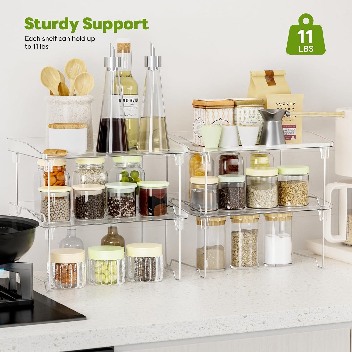 Acrylic Cabinet Organizer Shelf,4 Pcs Stackable Kitchen Counter Shelves,Spice Rack,Countertop Organizers,Clear Plastic Storage Organization for Makeup，Bathroom,Cupboard,Desk,Pantry