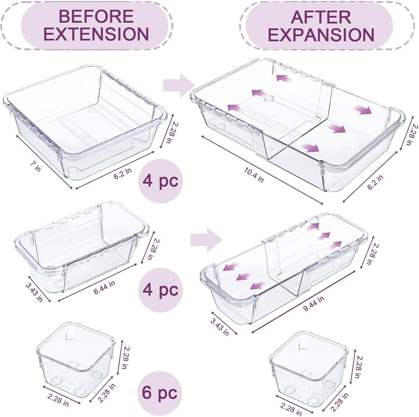 14 Pcs Clear Drawer Organizer, Adjustable Drawer Storage Box, 3-Size Desk Drawer Organizer