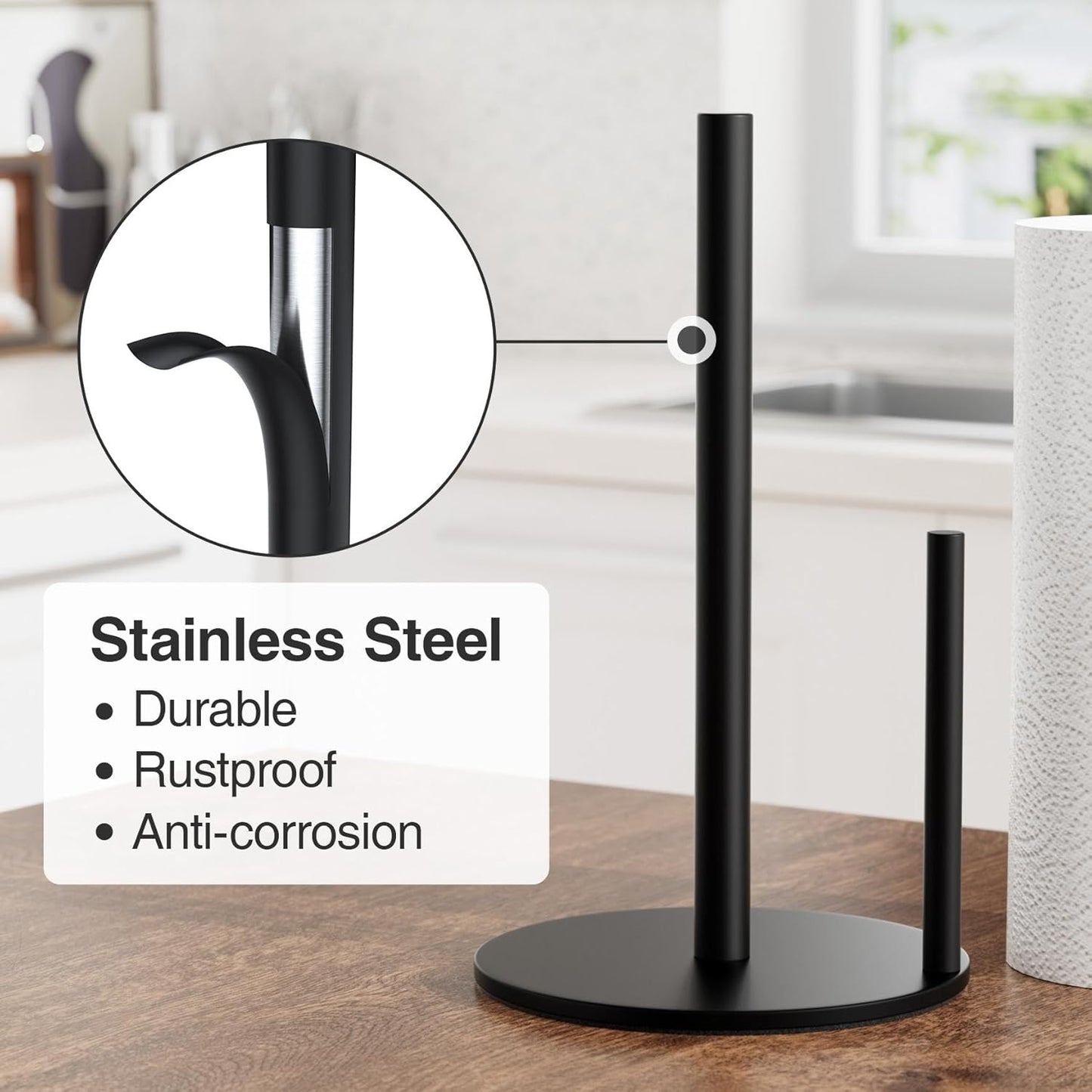 Paper Towel Holder Black, Premium Stainless Steel Kitchen Roll Dispenser