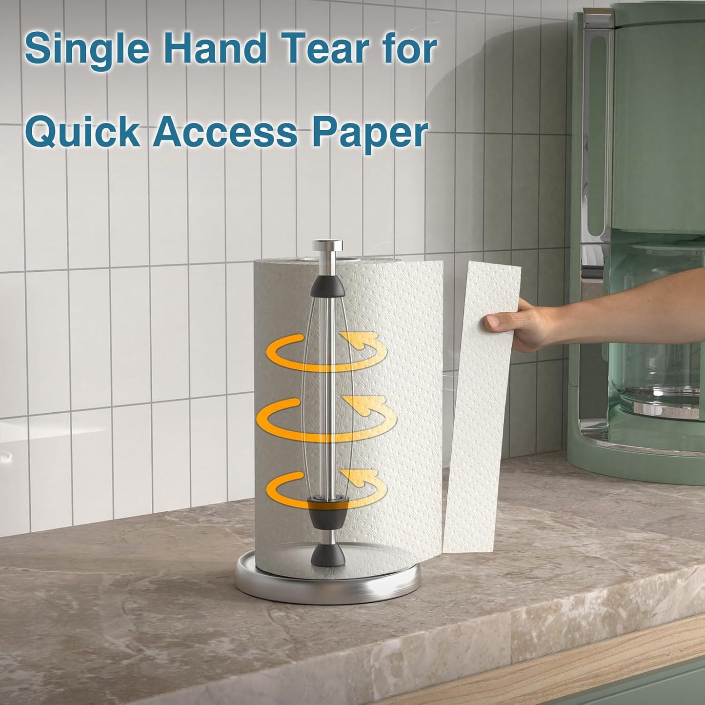 Paper Towel Holder Countertop, One-Handed Tear, Stainless Steel, Weighted Base, Silver