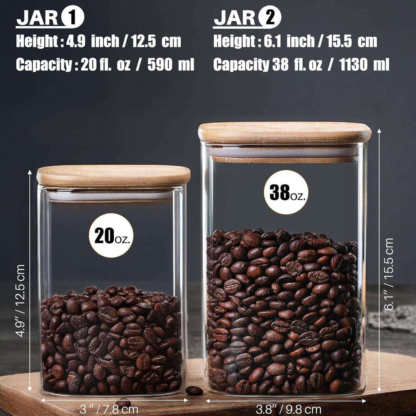 Small Size 38+20 oz Glass Food Storage Jars with Airtight Lids, Clear Glass Jar with Bamboo Lid