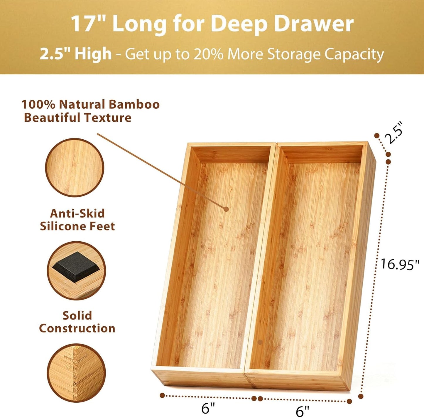 Bamboo Kitchen Utensils Organizer, Extra Long High Silverware Drawer Holder