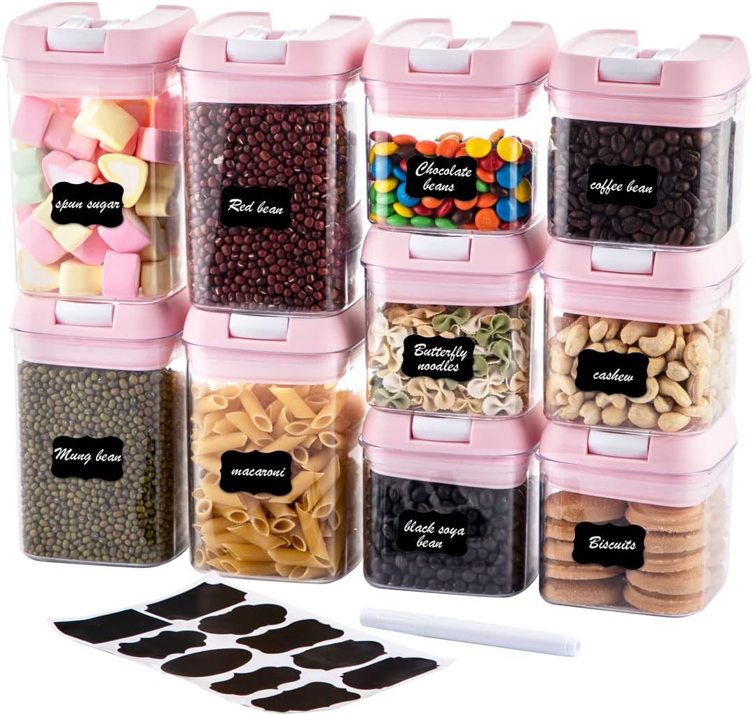 Airtight Food Storage Container Set-10 Piece BPA Free Clear Plastic Cereal Canisters with Easy Lock Lids-Kitchen & Pantry Organization Containers for Sugar, Flour, Cereal, Labels & Marker(Pink)