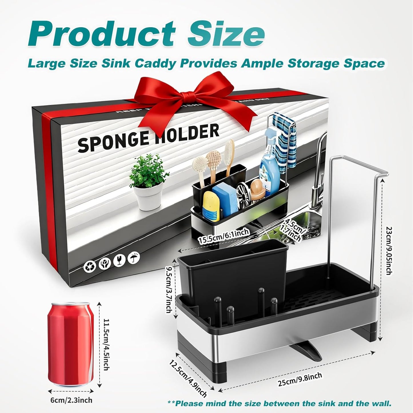 Stainless Steel Sink Caddy, Sponge Holder for Kitchen Sink with Brush Holder Dishcloth Rack