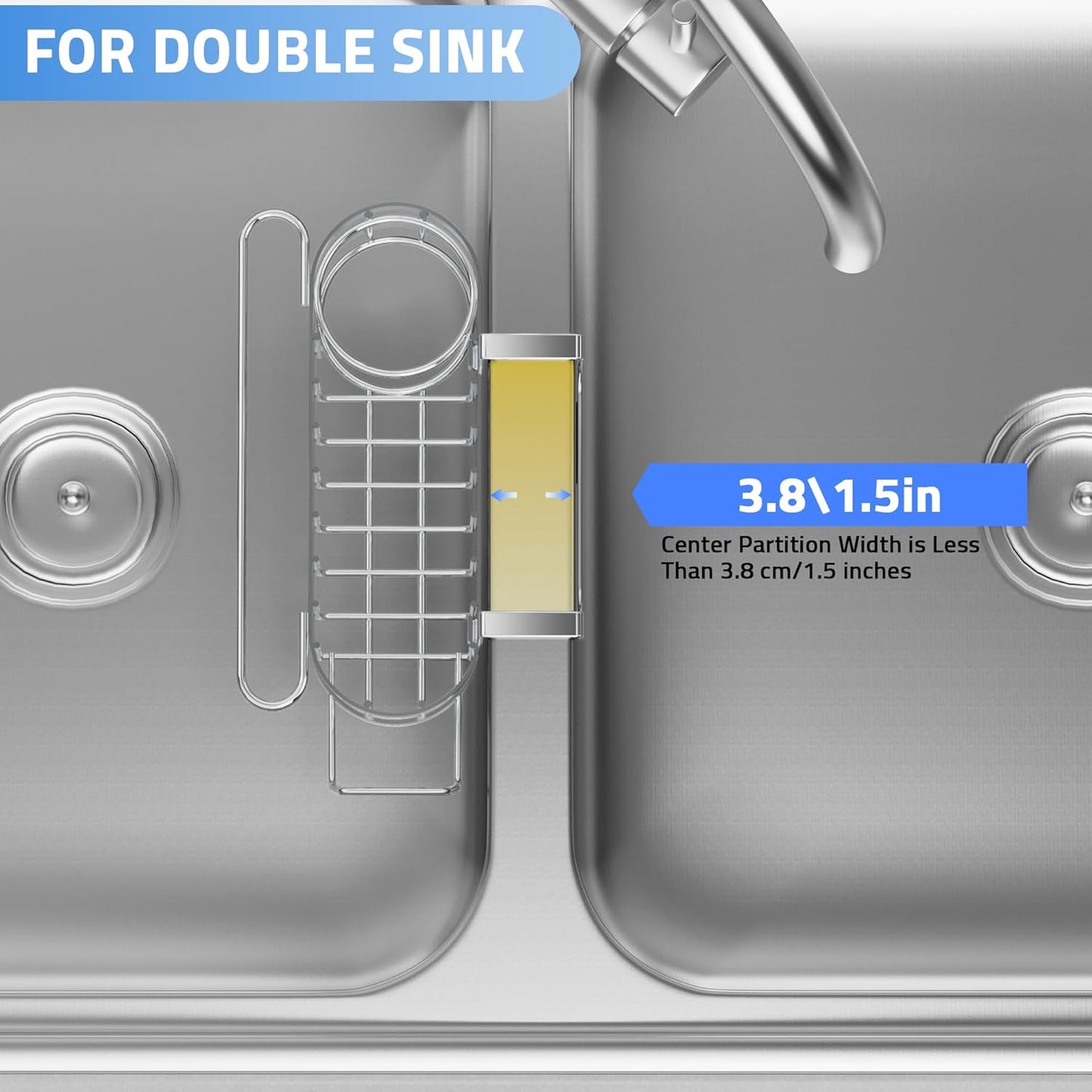 Silver Kitchen Sink Caddy Sponge Holder in The Sink, Stainless Steel Kitchen Organizer