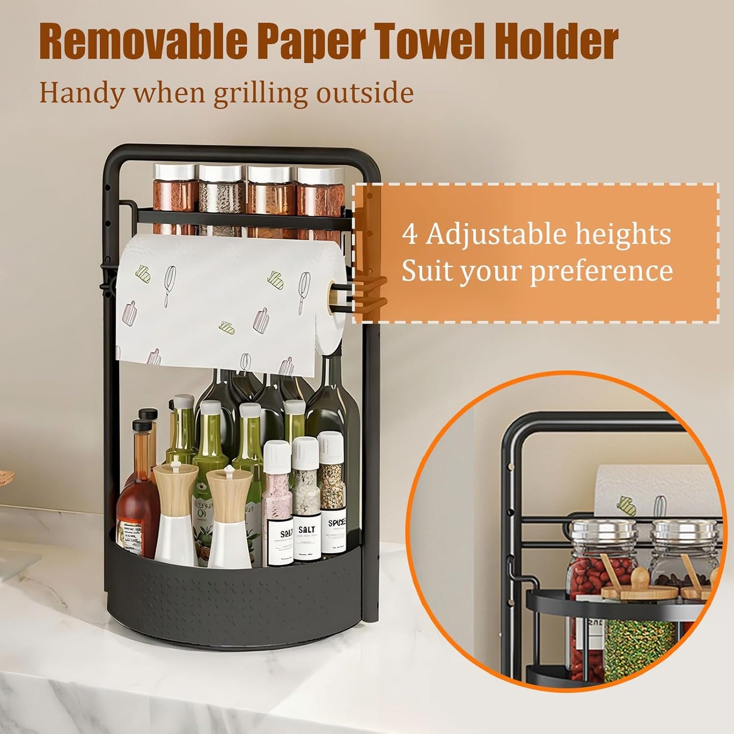 Rotating Spice Rack with Paper Towel Holder, 2 Tier Lazy Susan for Spices
