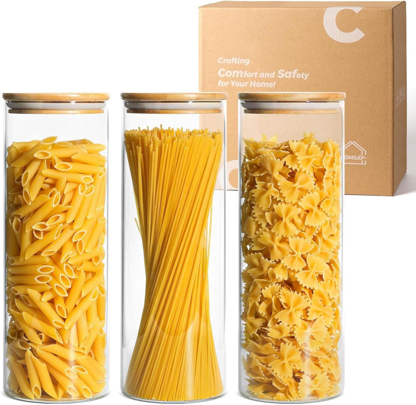Glass Spaghetti Pasta Storage Container with Lids 2 Qt Set of 3