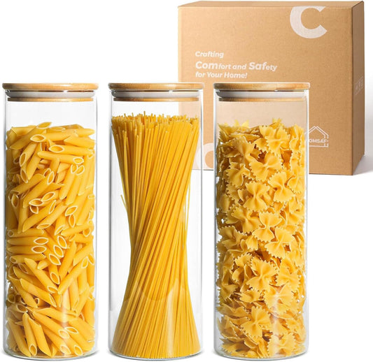 Glass Spaghetti Pasta Storage Container with Lids 2 Qt Set of 3