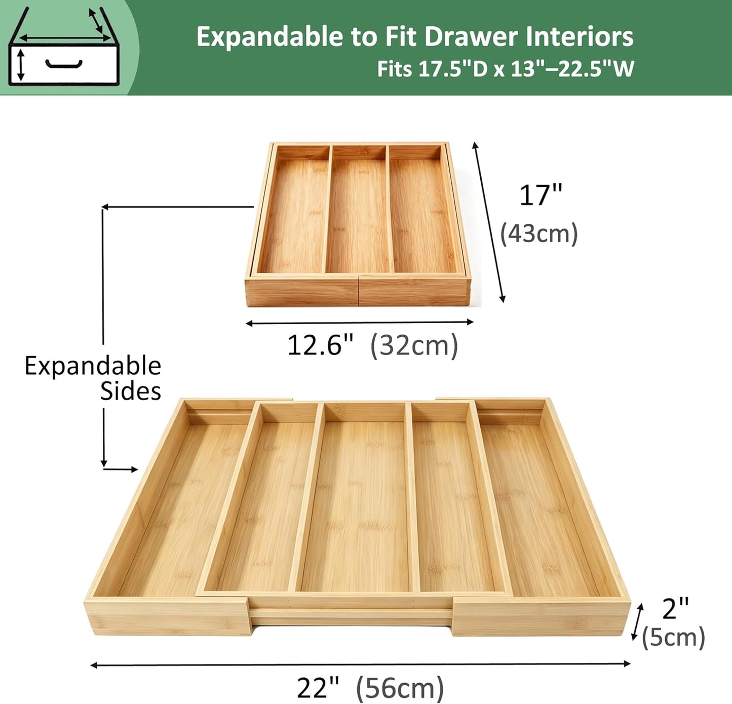 Bamboo Expandable Kitchen Drawer Organizer, Adjustable Utensil Holder and Cutlery Tray Organiser