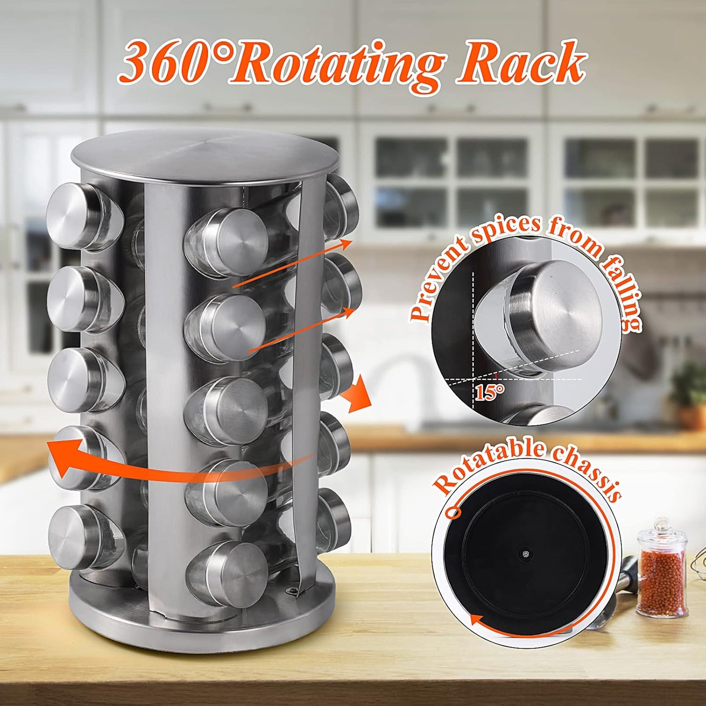 Revolving Spice Rack with 20 Jars, Rotating Spice Rack Organizer, Seasoning Organizer with Labels