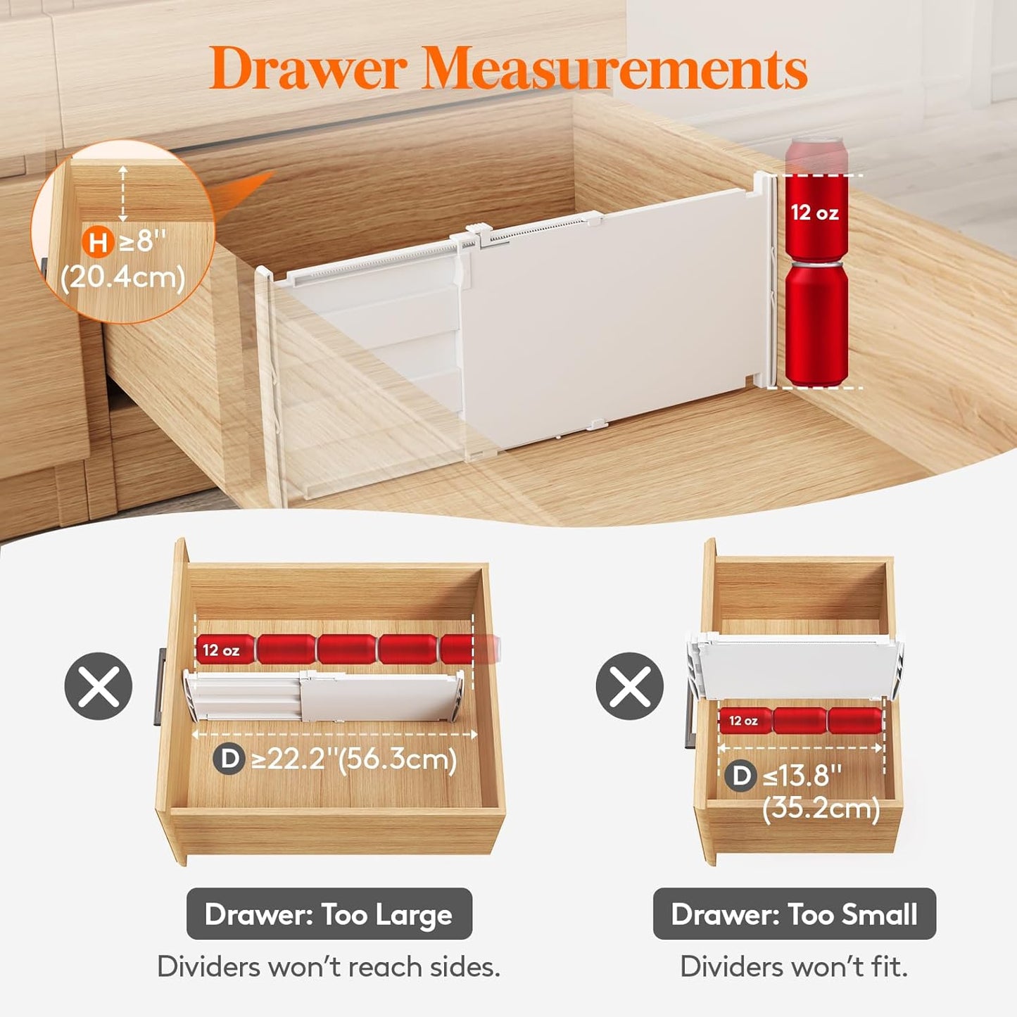 8" Tall 4 Pack Drawer Dividers, 35-56.5cm/13.8-22.2" Expandable Drawer Divider for Clothes