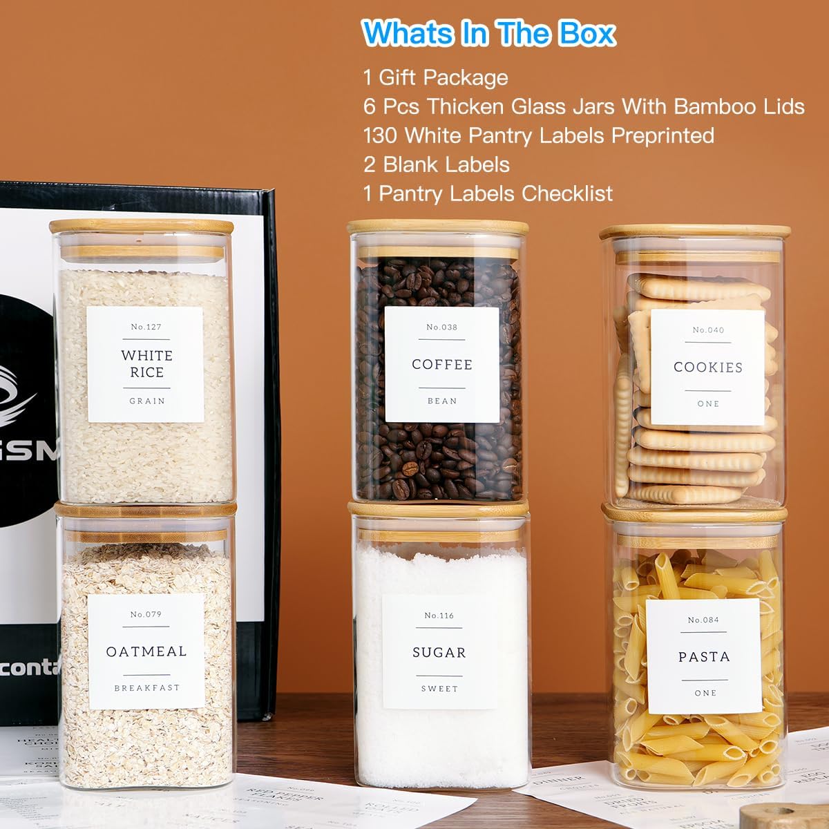 6 Pack Square Kitchen Storage Jars with Airtight Bamboo Lids and 132 Pantry Labels