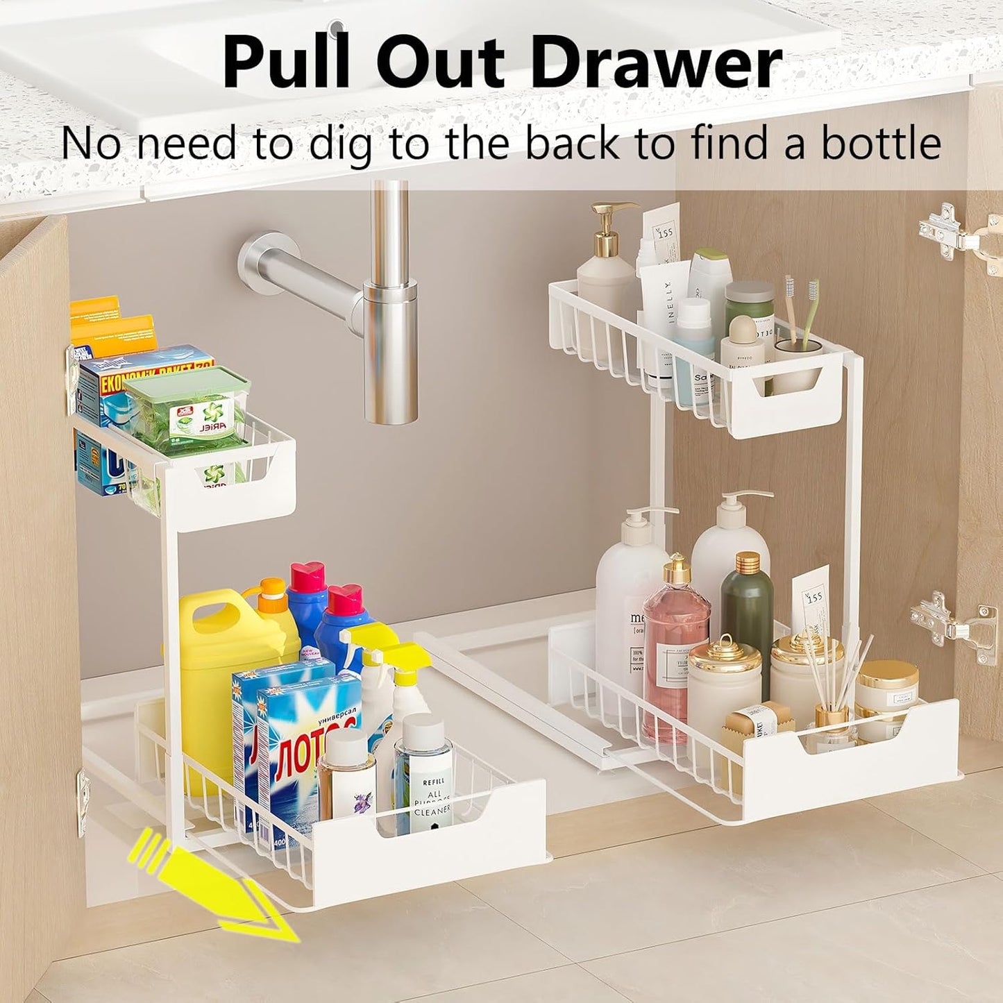 Under Kitchen Sink Organizers and Storage Pull Out 2 Tier Metal Bathroom Cabinet Organizer (White