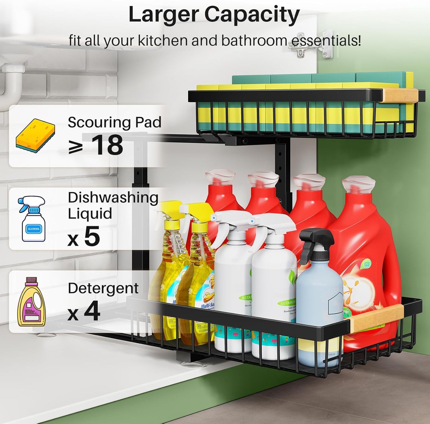 Under Sink Organizer, 2 Tier Under the Sink Storage, Slide out Pull out Cabinet Organizer Shelf