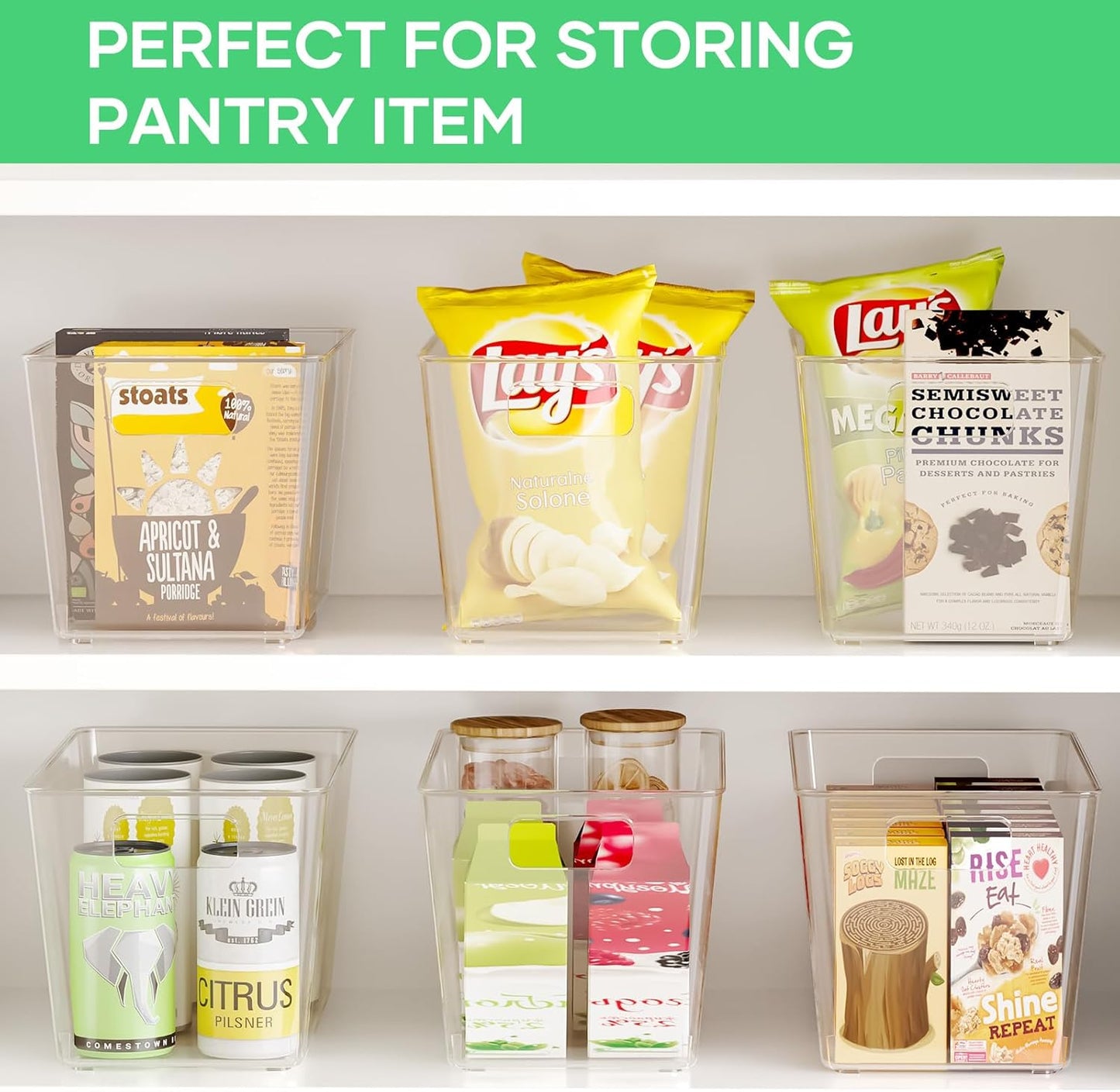 6 Pack Clear Plastic Storage Bins, 11" Large Pantry Organizer Bins with Handles
