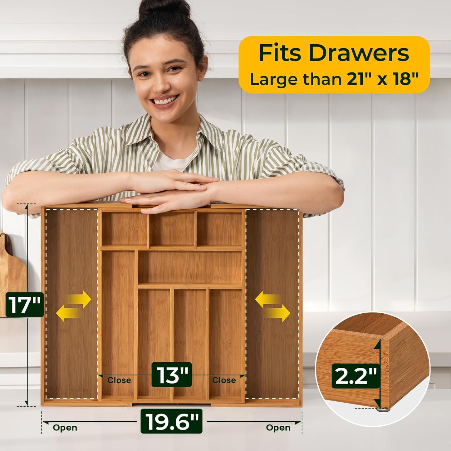 6-Piece Bamboo Drawer Organizer Set, 2.2" Deep Multi-Use Organizers for Utensils, Silverware
