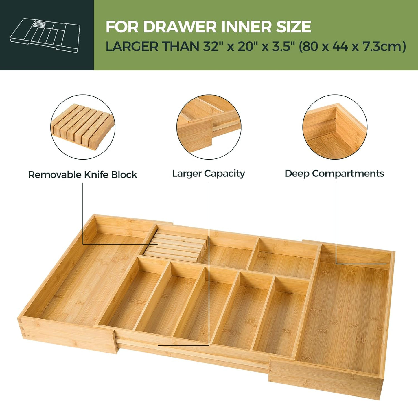 Extra Large Kitchen Utensil Holder, Bamboo Silverware Drawer Organizer