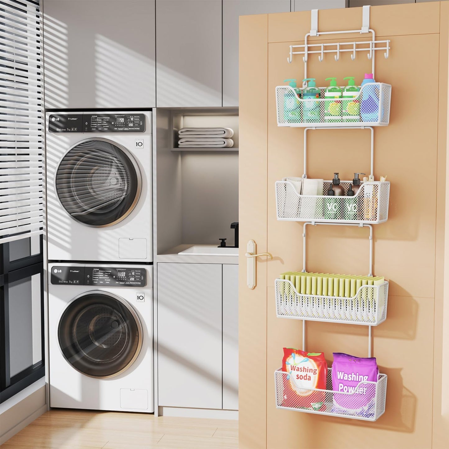 Over Door Organizer Storage - Hanging Door Organizer with 4 Metal Large Capacity Baskets and Adjustable Coat Hook for Bathroom Bedroom Kitchen Pantry Closet Cabinet
