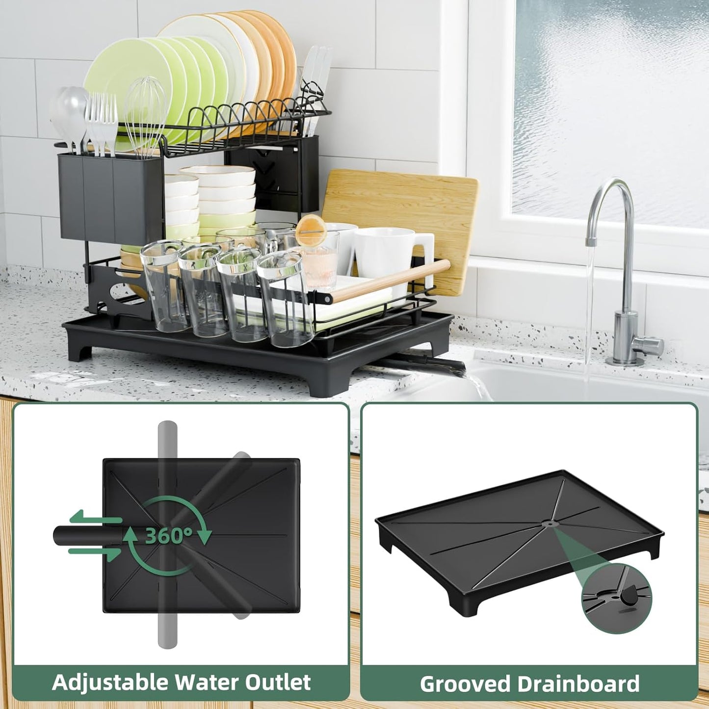 2-Tier Dish Rack with Drainboard: Large Capacity Anti-Rust Kitchen Counter Organizer with Cup