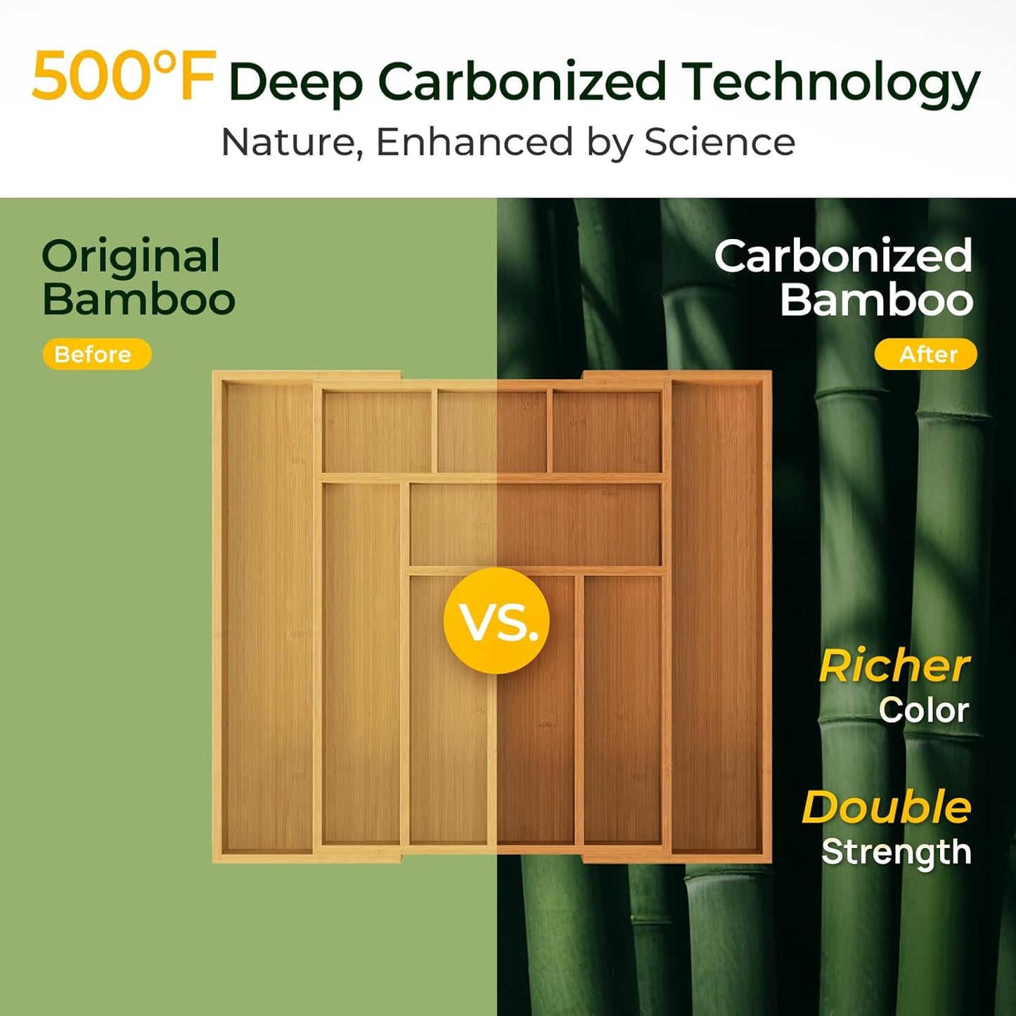 Carbonized Bamboo Kitchen Drawer Organizer, 10 Slots Expandable Silverware Organizer