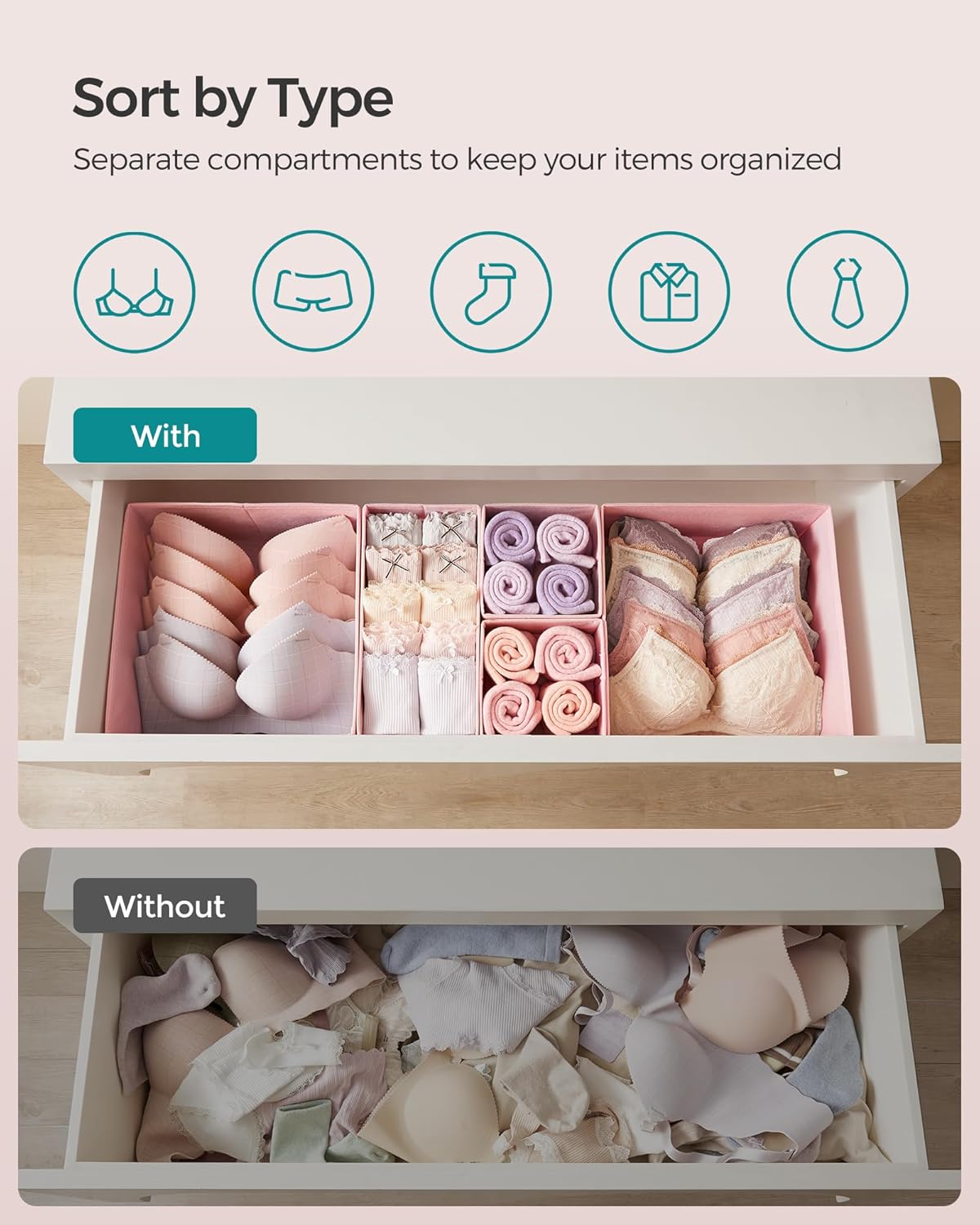 Drawer Organizers, Dresser Divider Organizers, Set of 12, Foldable Fabric Storage Boxes for Socks