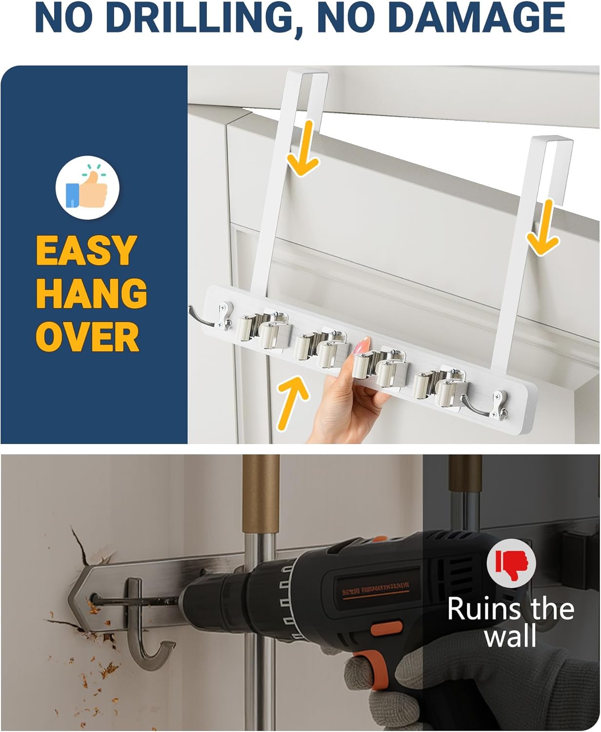 Broom Holder Door Mount, Over the Door Broom and Mop Holder with 2 Over Door Hooks
