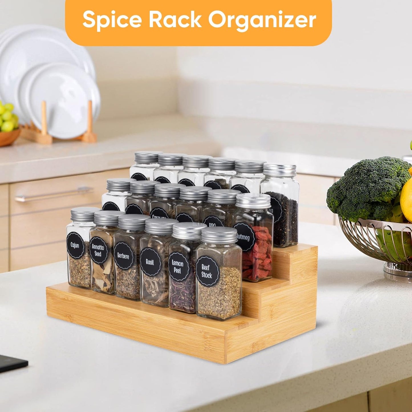 Bamboo Spice Rack Organizer for Cabinet 2 Pack - 3 Tier Countertop Step Shelf