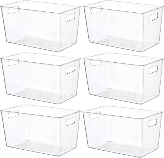 6 PCS Clear Plastic Storage Bins, Pantry Organizer Containers with Handle for Refrigerator, Fridge
