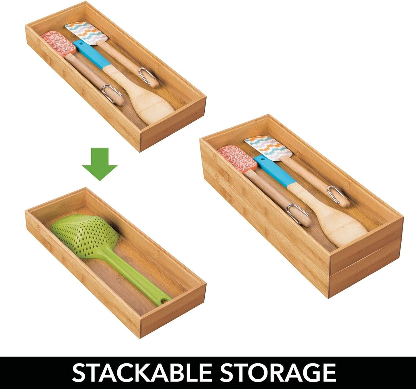 Wooden Bamboo Drawer Organizer - 15" Long Stackable Storage Box Tray for Kitchen Drawers/Cabinet