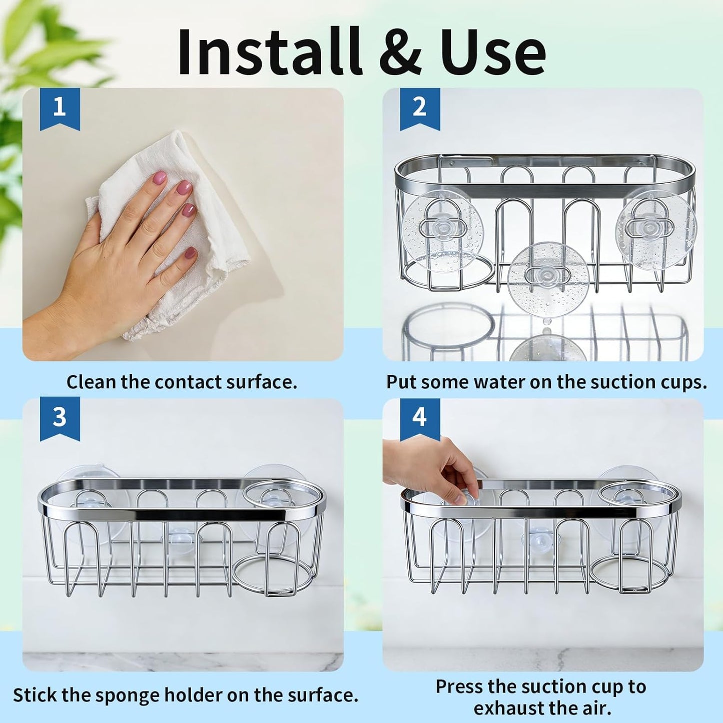 2-in-1 Sponge Holder for Kitchen Sink, Sink Caddy Kitchen Sink Organizer with 3 Suction Cups