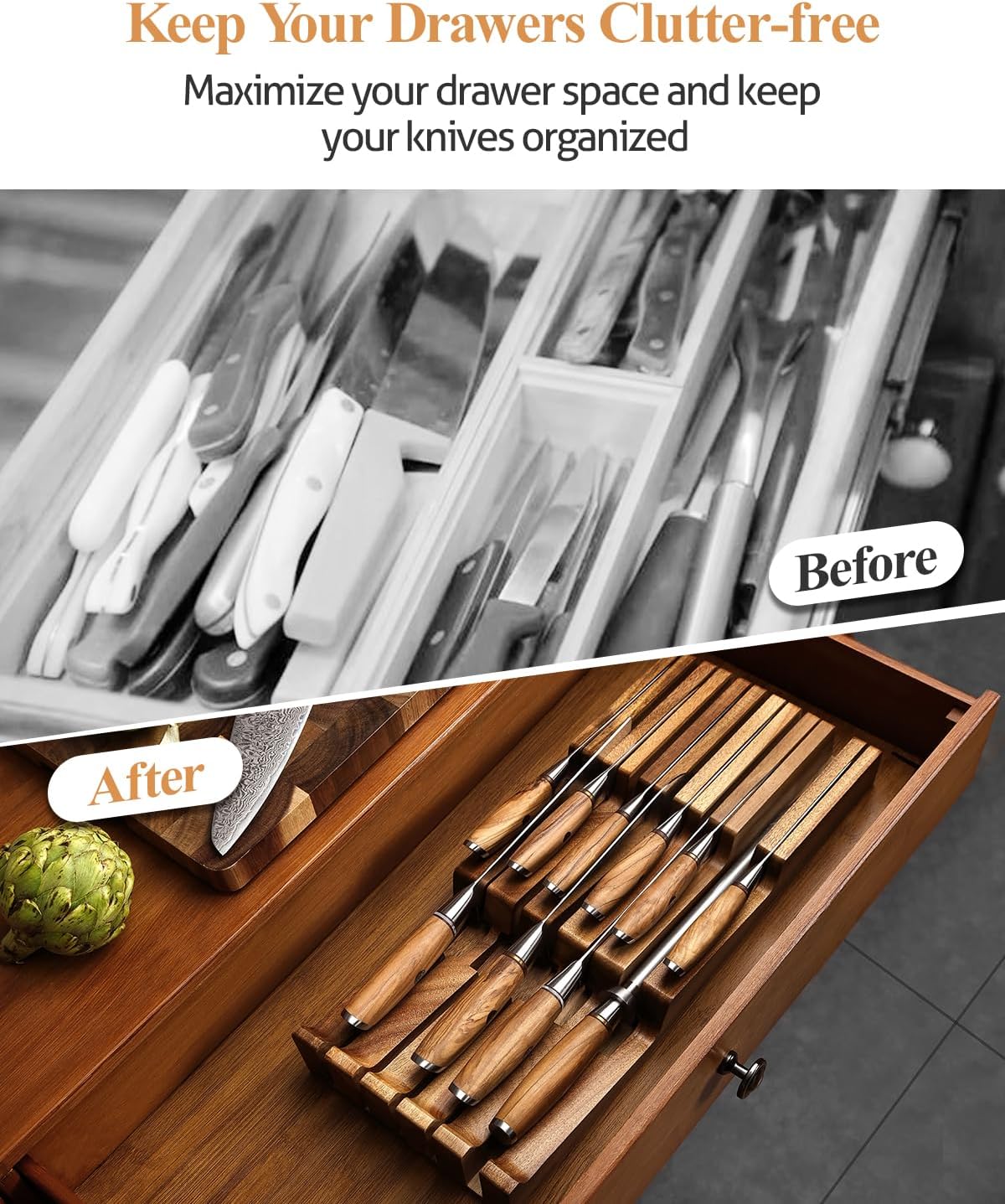 In-drawer Knife Block, Natural Acacia Knife Drawer Oganizer, Insert-Kitchen Storage Holder