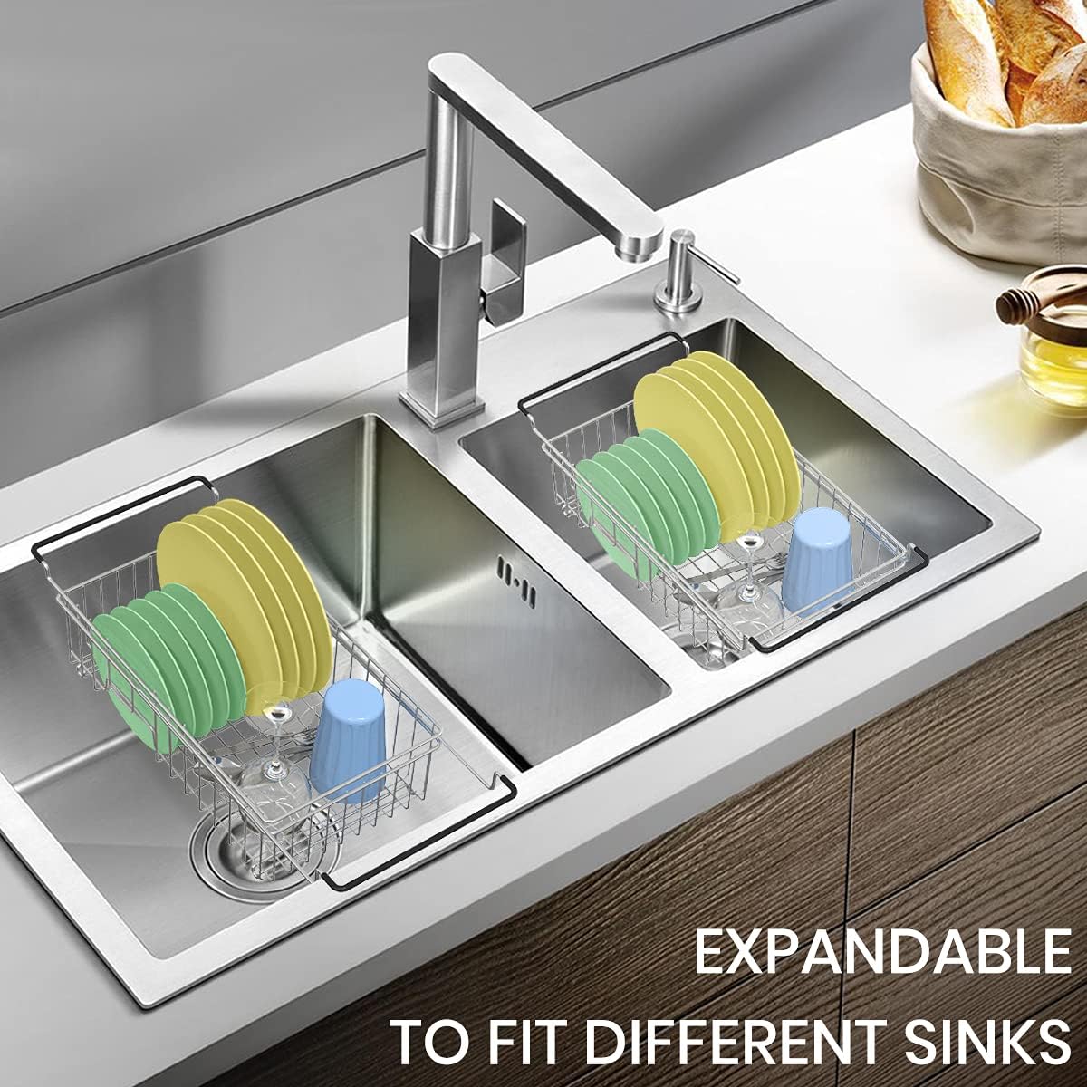 Expandable Dish Drying Rack Over the Sink Small Dish Drainer in Sink Adjustable Rustproof Sink Strainers for Kitchen-304 Stainless Steel