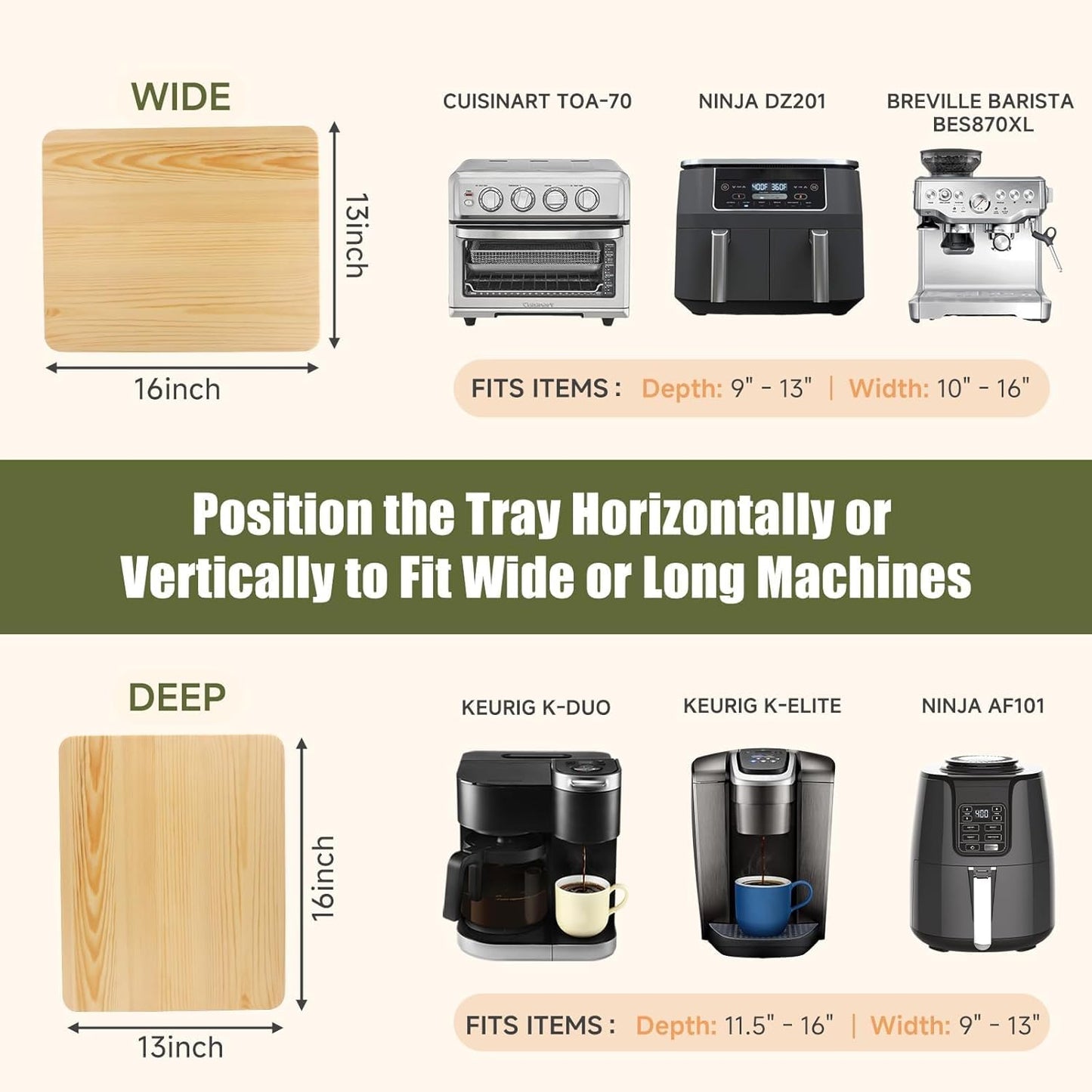 360° Rolling Tray for Coffee Maker, Sliding Tray Countertop Appliance Slider with Rubber Wheels for Heavy Kitchen Appliances, Easily from Under Cabinet (13”W x 16”D, Natural)
