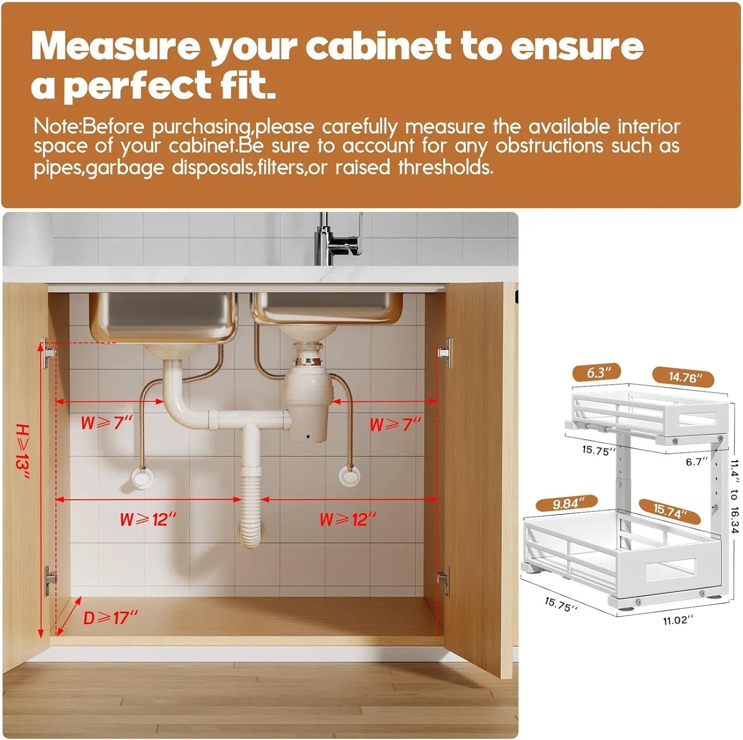L-Shaped Metal Under Sink Organizer, 2-Tier Double Pull-Out Cabinet Organizer for Kitchen & Bathroom Storage, Height Adjustable, Smooth Cylinder Rail, White, 2 Packs