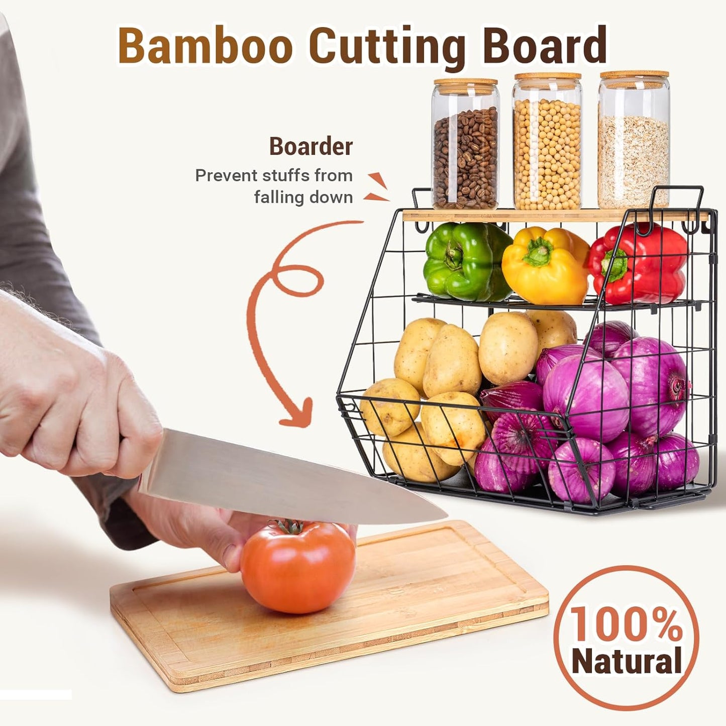 3 Tier Fruit Basket for Kitchen with Bamboo Cutting Board