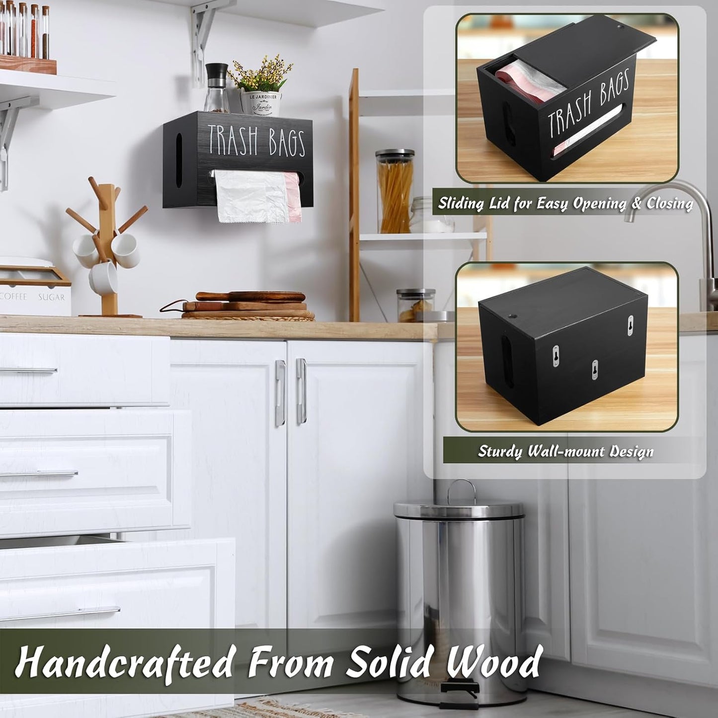 Trash Bag Dispenser, Large Wooden Trash Bag Holder Wall Mount