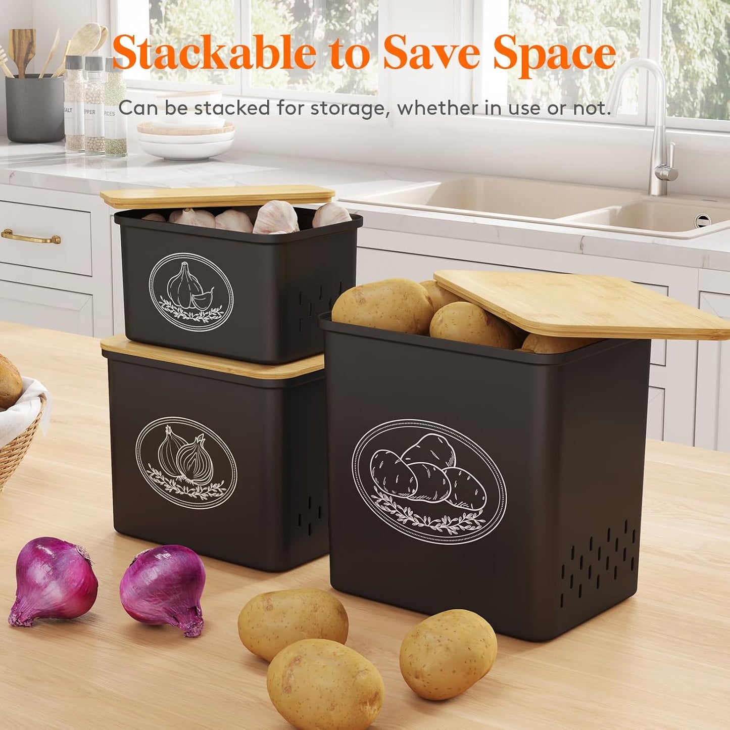Potato and Onion Storage Bin, Stackable Garlic Keeper with Aerating Holes and Lid