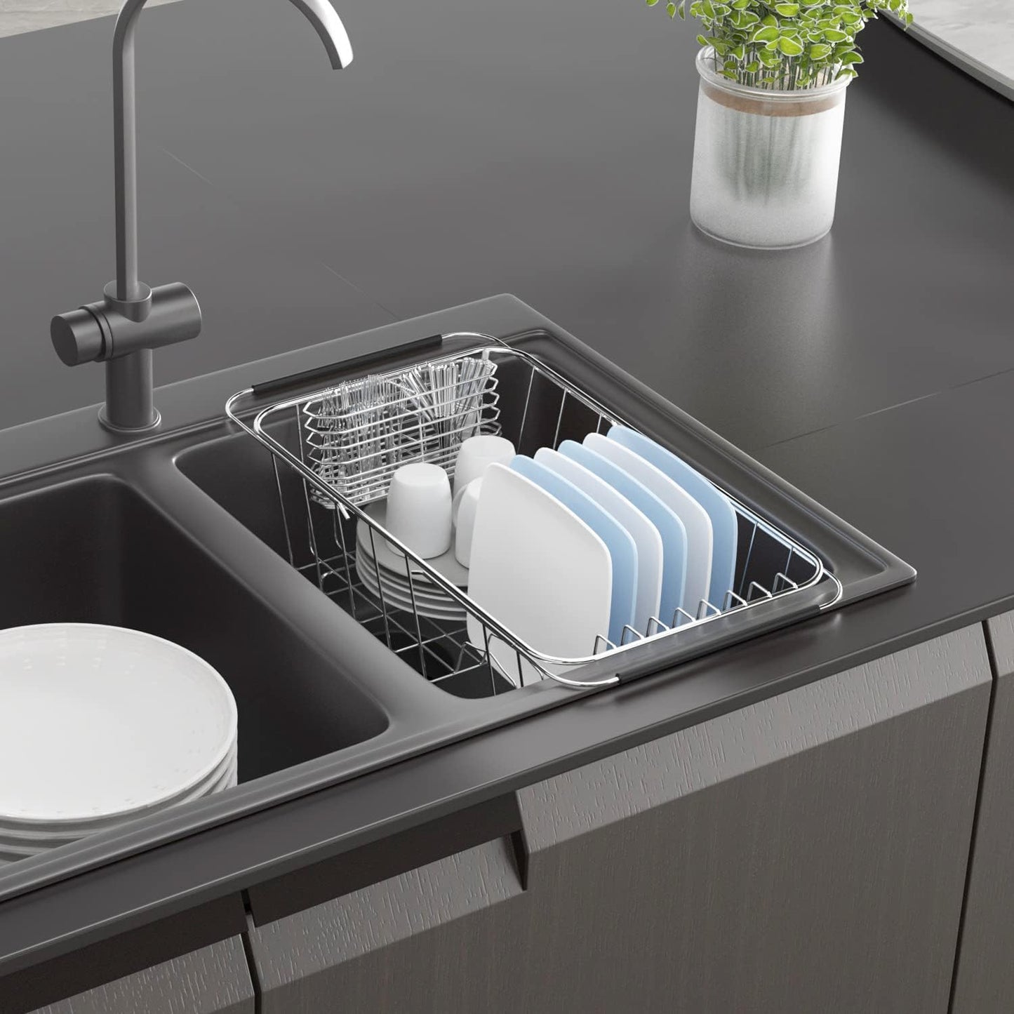 Over Sink Dish Drying Rack for Small Sink, Compact Expandable 14.25"–22.44"