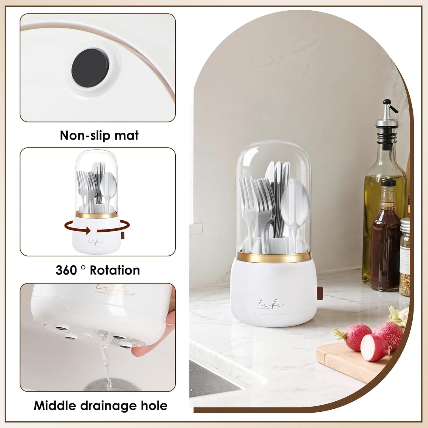 360° Rotation Silverware Organizer for Kitchen Counter,Utensil Holder Caddy Silverware Caddy Holder for Party,Spoon and Fork Organizer,7 Slots and Intermediate Drainage Device with Cover