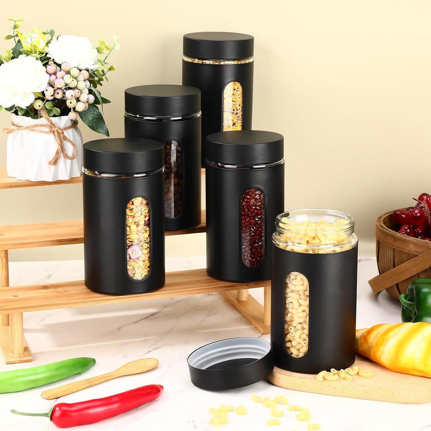 3 Pcs Stainless Steel Canister Set with Glass Windows Visible Storage Jars Silver Kitchen Canister Set for Pasta Flour Oat Sugar Container, Kitchen Tools, Housewarming Gifts(Black,32 oz)