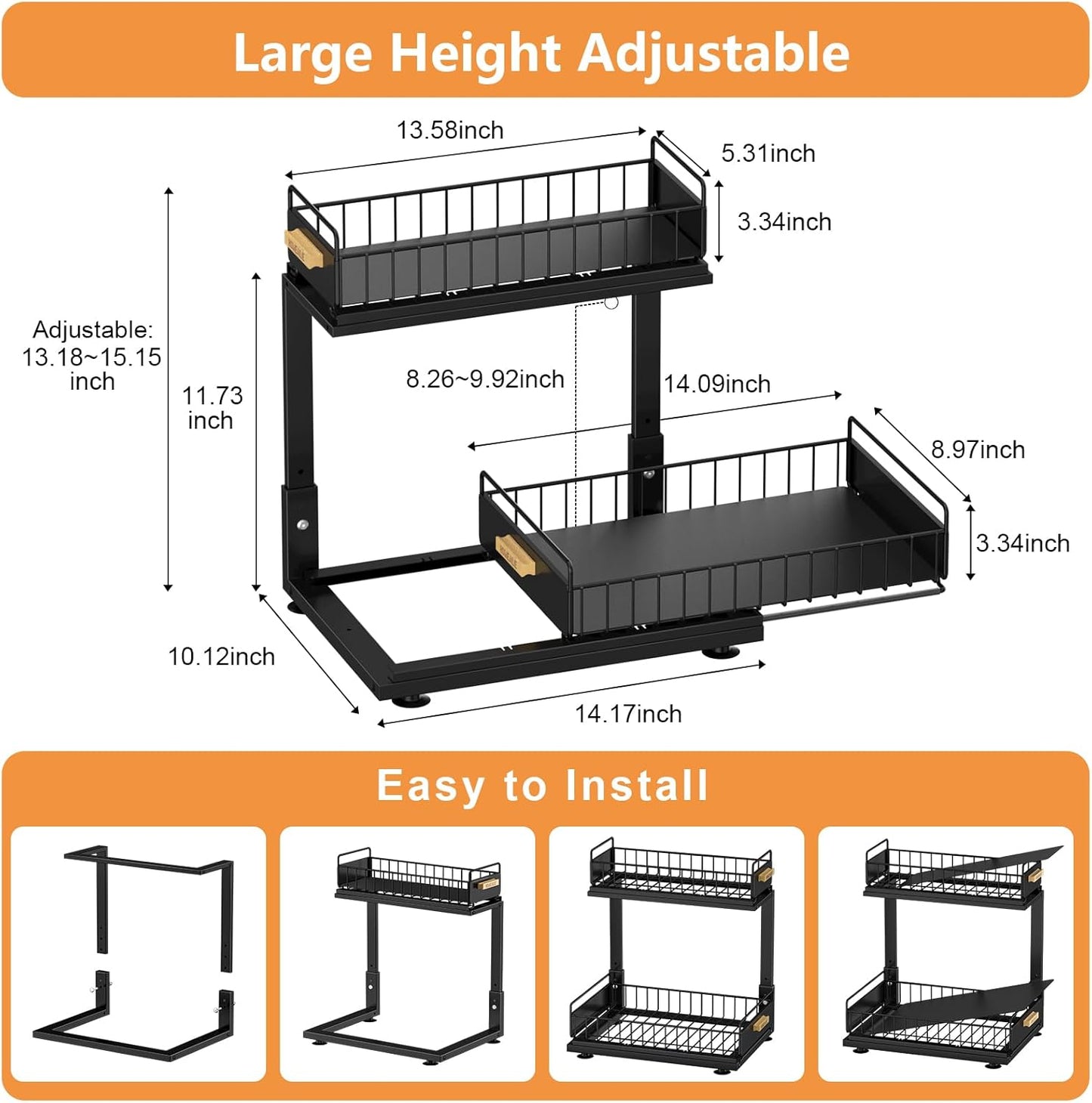 Under Sink Organizer, High Adjustable 2 Tier Under Kitchen Sink Organizer