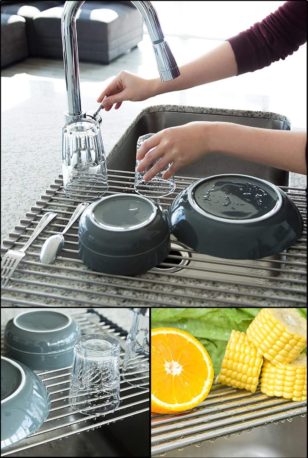 17.7" x 15.5" Roll Up Dish Drying Rack Over Sink Drying Rack Sink Cover Kitchen Sink Accessories Gadget Multipurpose Organizer Foldable Stainless Steel Drainer (Grey)