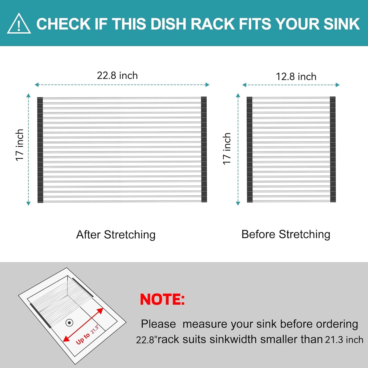 Extra Large Expandable Roll Up Dish Drying Rack,Over The Sink Drying Rack Sink Cover Kitchen Sink Accessories Kitchen Rolling up Stainless Steel Drainer, Foldable,Rollable（Black，22.8''-17.3''）