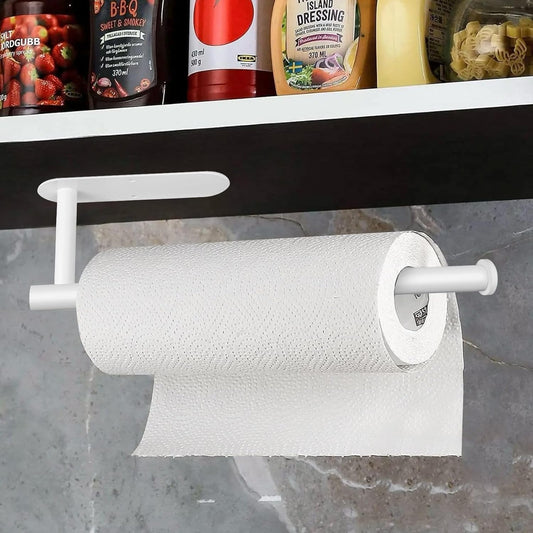 iwapuy White Stainless Steel Paper Towel Holder, Under Cabinet or Wall Mount Roll Rack with Adhesive Backing