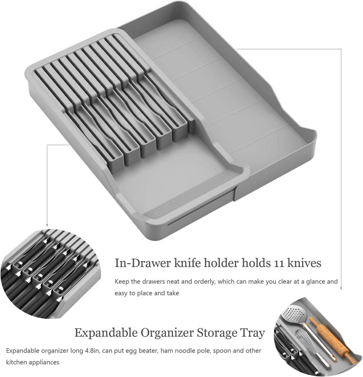 Expandable Drawer Knife Insert Organizer - Plastic Knife Storage Tray for Kitchen Drawers