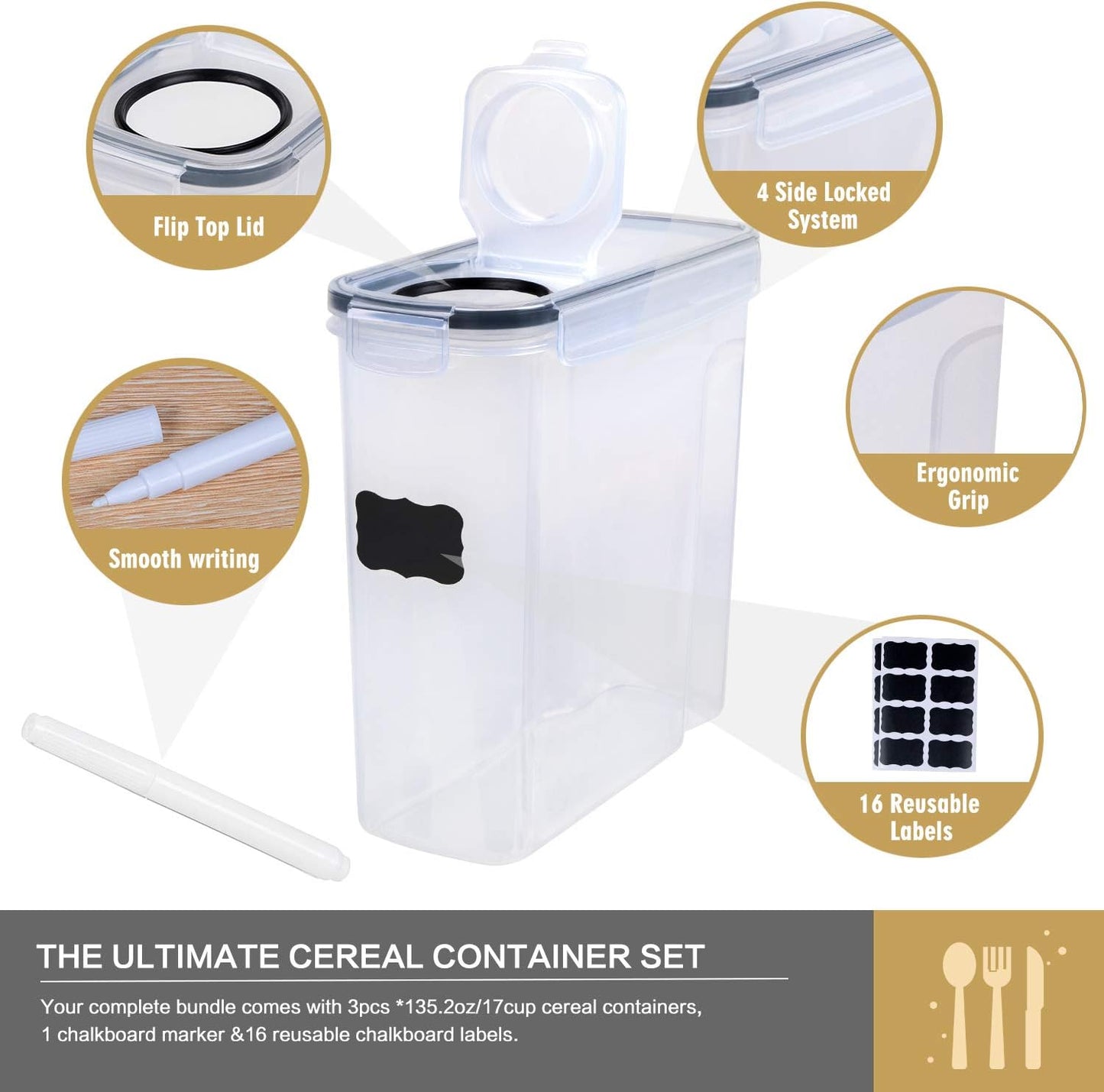 Cereal Containers Storage Set - 3 Piece Airtight Large Dry Cereal Container (135.2oz)