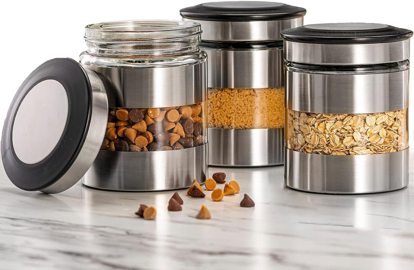 Quality Stainless Steel Canister Set of 3 for Kitchen Counter with Glass Window & Airtight Lid