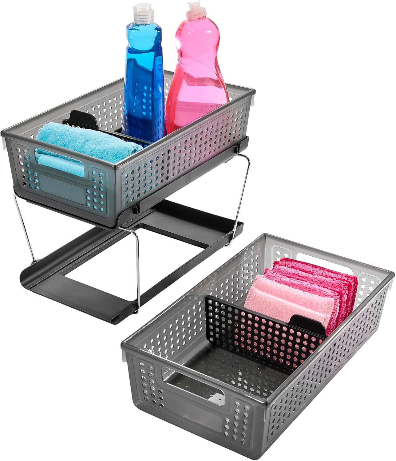 Two-Tier Under Cabinet Organizer, Sliding Drawer Storage for Cleaning Supplies & Bottles, Carbon