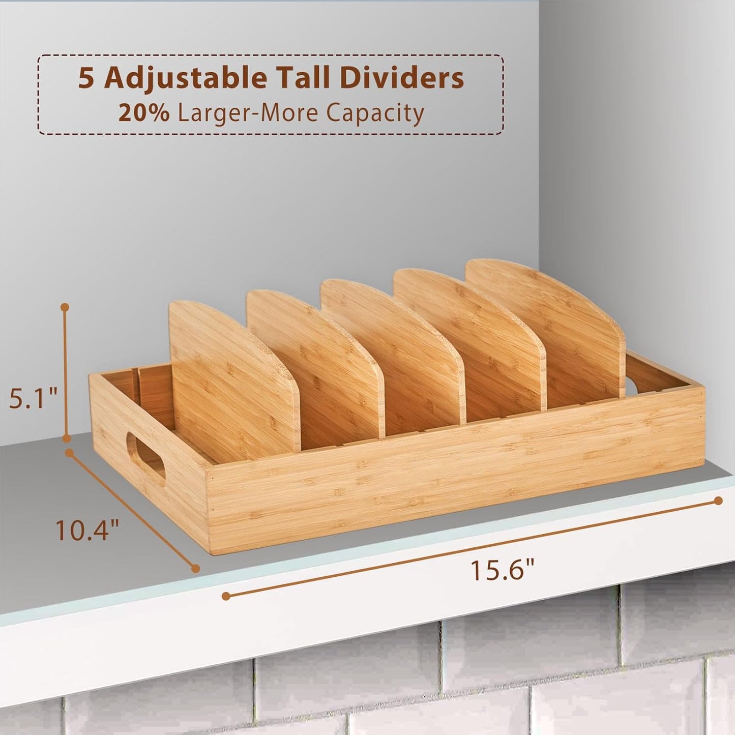 Extra Large Kitchen Cabinet & Drawer Organizer, Bamboo Lid Holder with 5 Tall Adjustable Dividers