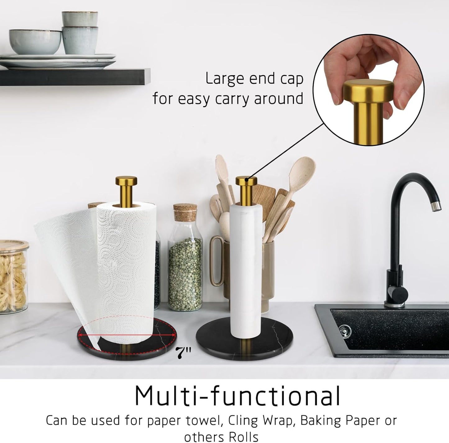 Paper Towel Holder Countertop with 7" Weighted Black Marble Base